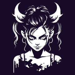 Mystical Girl with Horns and Diabolic Features - Black and White Vector Art