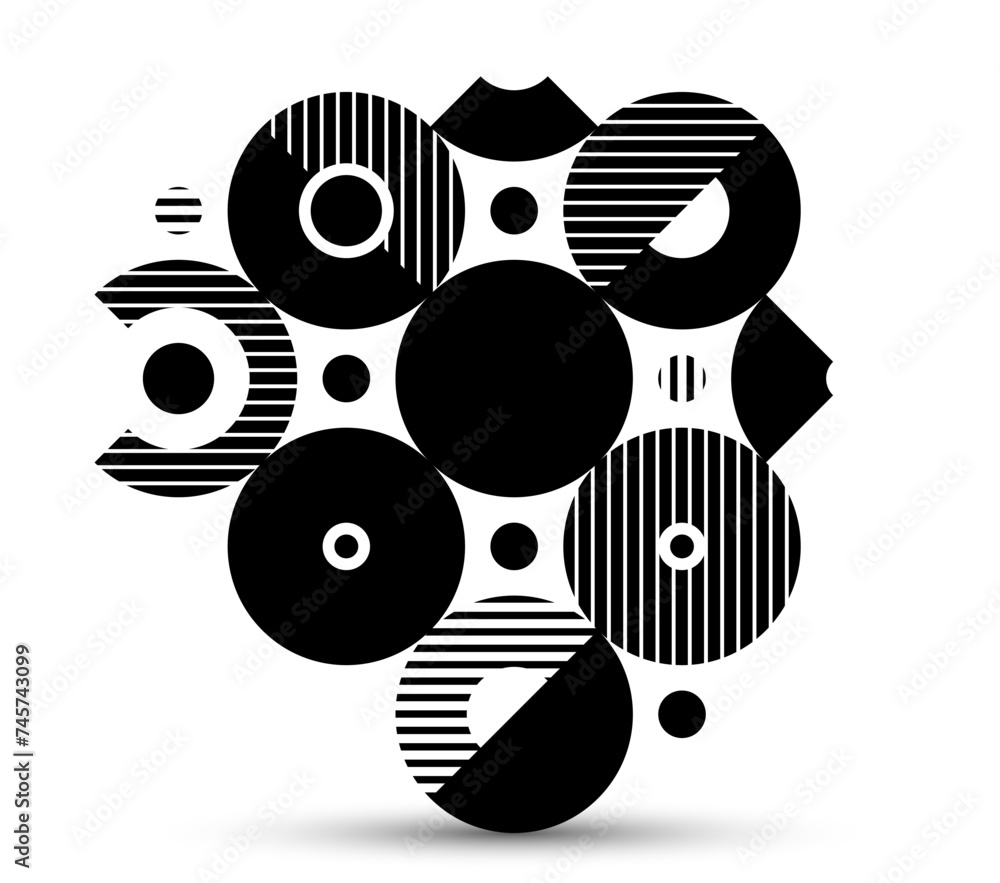 Poster abstract geometric black and white vector background, modular tiling stripy art with circles and oth