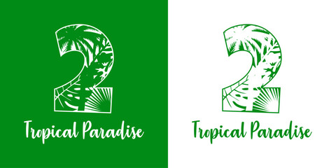 Logo destino de vacaciones. Mensaje Tropical Paradise con cifra número 2 con silueta de plantas tropicales - obrazy, fototapety, plakaty