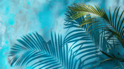 Fototapeta na wymiar Empty palm shadow blue color texture pattern cement wall background