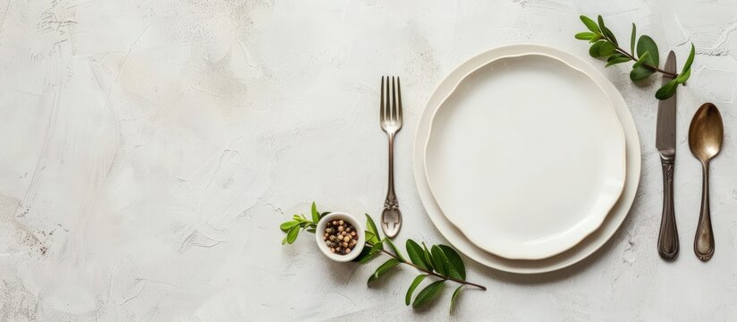 Top view dinner table setting with fork, spoon and plate isolated white background. Generated AI