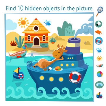 Find 10 hidden objects in picture. Educational game for kids. Giraffe on ship in summer. Vector illustration, full color.