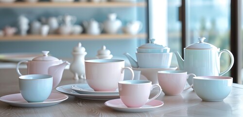 Soft pastel hues reflecting off a delicate porcelain tea set in a tranquil setting.