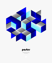 Blue vector abstract geometric background with cubes and different rhythmic shapes, isometric 3D abstraction art displaying city buildings forms look like, op art. - 745743401