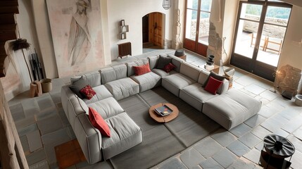 A contemporary sofa with modular elements, arranged in a dynamic configuration in a spacious living room.