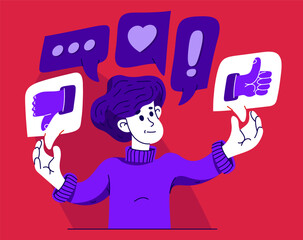 Young man is choosing between different reactions in social media, vector illustration of a person in doubt between different responses when communicating online. - 745743604