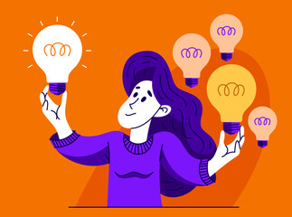 Young woman having a lot of ideas and choosing best one to solve some problem, vector illustration of a young person who is choosing between different ideas which one is working. - 745743607