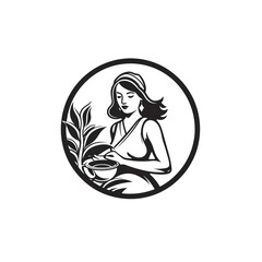 Obraz na płótnie Canvas black and white logo, tea leaves with tea picker woman, white background сreated with Generative Ai