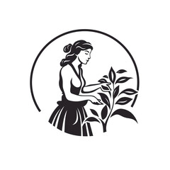 Obraz premium black and white logo, tea leaves with tea picker woman, white background сreated with Generative Ai
