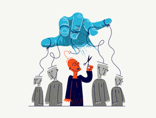 Hand of a toxic manipulator controls his victims and one person has freed from control, social manipulations and independence, vector illustration of psychological manipulation. - 745743693