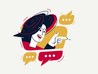 Young person talking online from a speech bubble, vector illustration of a conversation with accent on one-person trainer or mentor, online dialog, video speaker, social media commentator. - 745743698