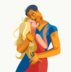 Romantic lovers couple vector illustration, passionate and intimate drawing of man and woman hugging each other, couple in love, valentine day. - 745743820