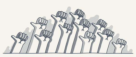 Raised hands with like thumb up button, vector illustration of a group of people showing thumb up gesture, social assessment of society concept. - obrazy, fototapety, plakaty