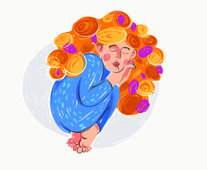 Sleeping young woman vector illustration, colorful and positive drawing of a girl sleeping in embryo pose. - 745743838