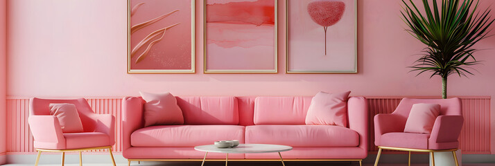 Pink sofa and chair near wall with two art poster mock up frames. Postmodern memphis style interior design of modern living room