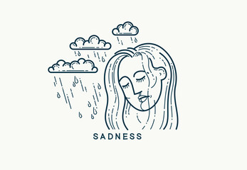 Emotion of sadness concept, vector drawing of a woman face displays sadness, emblem or logo look-like drawing. - 745743853