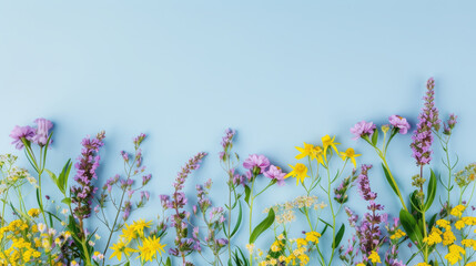 Yellow and purple flowers on pastel blue background