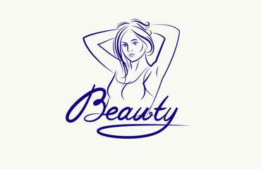 Emblem for a beauty studio or cosmetology clinic or cosmetics brand, vector illustration of a beauty woman face with Beauty work handwritten lettering, classic style logo. - 745743874