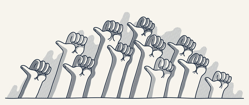 Raised hands with like thumb up button, vector illustration of a group of people showing thumb up gesture, social assessment of society concept.