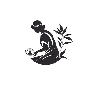 recommend clip art: black and white logo, tea leaves with tea picker woman, white background сreated with Generative Ai