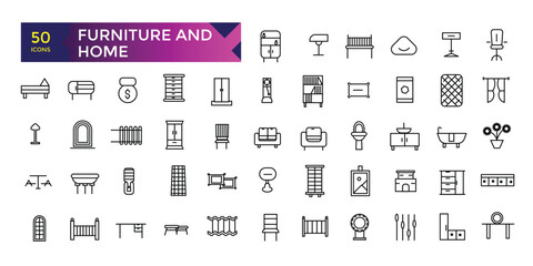 Furniture and home interior elements Thin outline icons pack. Smart home furniture and appliances.