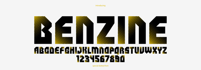 Halftone dotted futuristic cyberpunk font for logos and posters, vector brutal industrial typeface alphabet letters and numbers, urban technic future typography. - 745744061