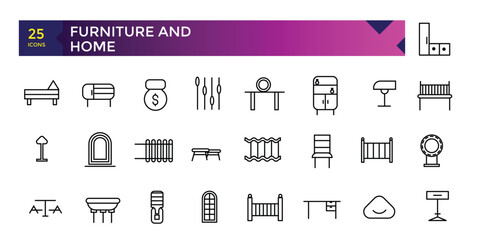 Furniture and home interior elements Thin outline icons pack. Smart home furniture and appliances.
