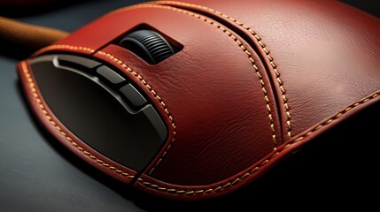 Close-up of a premium leather mouse, emphasizing its refined craftsmanship.