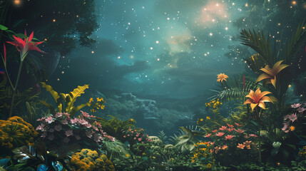Obraz na płótnie Canvas Enchanted Celestial Gardens Picture a magical realm with vibrant flora under a celestial sky. Perfect for diverse projects