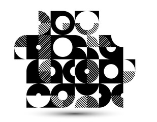 Geometric abstract black and white art, vector geometrical background with tiles of circles and other shapes, stripy texture modernism style linear motif, creative design.