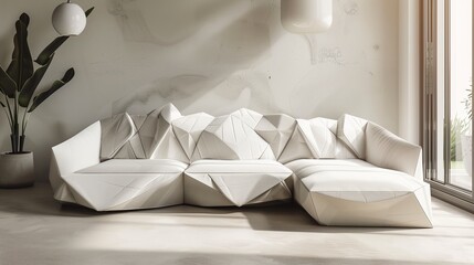 A minimalist white sofa with geometric patterns, bathed in natural light from a nearby window.
