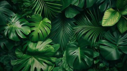 Background of group of dark green tropical leaves