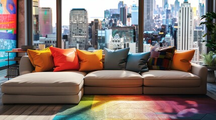 A modern sectional sofa with colorful accent pillows, set against a backdrop of urban skyline.