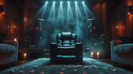 A plush recliner chair in a home theater setup, surrounded by popcorn and dimmed lights. - obrazy, fototapety, plakaty