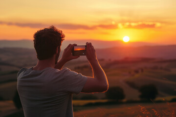 Man taking a picture with his mobile phone with a sunset scene background. World Photography Day
