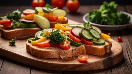 Wooden Cutting Board With Bread Slices and Veggie Toppings