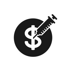 Cash injection. Money with syringe icon flat style isolated on white background. Vector illustration