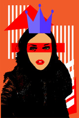 Queen girl with purple crown and black hair. Pop art background. Portrait.