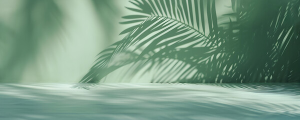 Advertising background with soft palm tree shadows. Wall and tabletop are the same delicate, light color