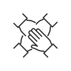Cooperation, teamwork, linear icon. Group with hands together. Hands folded on hands. Line with editable stroke