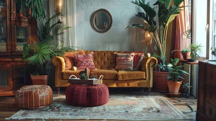 A vintage-inspired velvet sofa in a whimsical bohemian living room, with eclectic decor and plants.