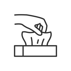 Napkins, linear icon. A hand takes a napkin from the package. Line with editable stroke