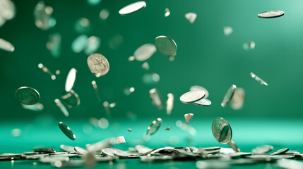 Falling money.  Falling coins with green background.