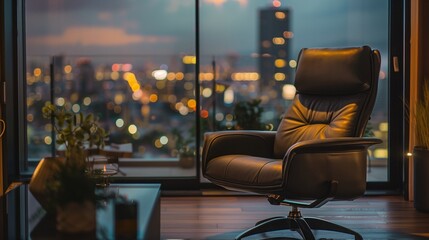 An elegant recliner chair in a luxury penthouse suite, overlooking a bustling cityscape at night.