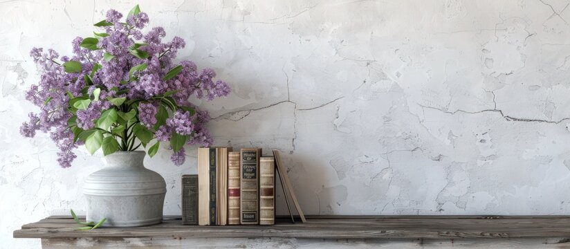 Beautiful bouquet of lilacs in a vase and books on wooden table. Generated AI image