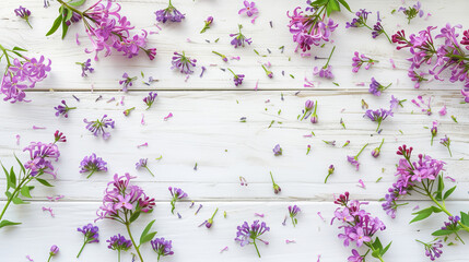 Lilac flowers on white wooden background. Top view, flat lay, copy space