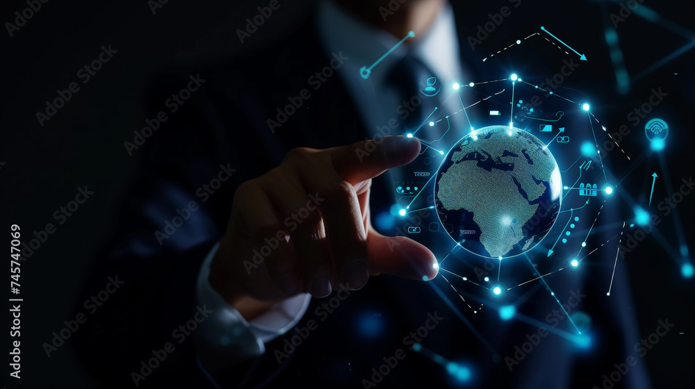 Wall mural businessman touching virtual display to connect digital software of network services. digital future