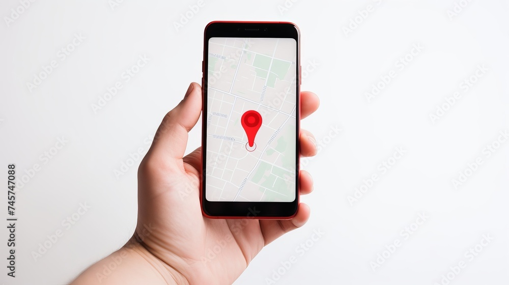 Poster close-up of a person's hand holding cellphone with red map pin pointer against white background