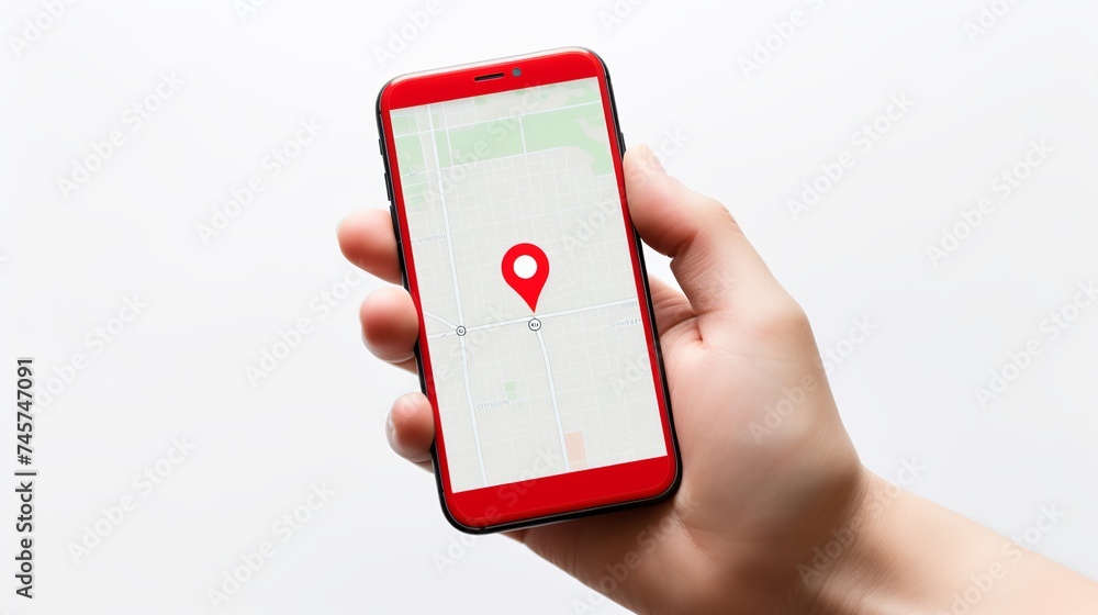 Poster close-up of a person's hand holding cellphone with red map pin pointer against white background