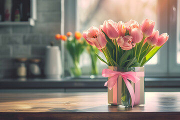 Mother's day concept - fresh beautiful tulips and present in kitchen background, morning light